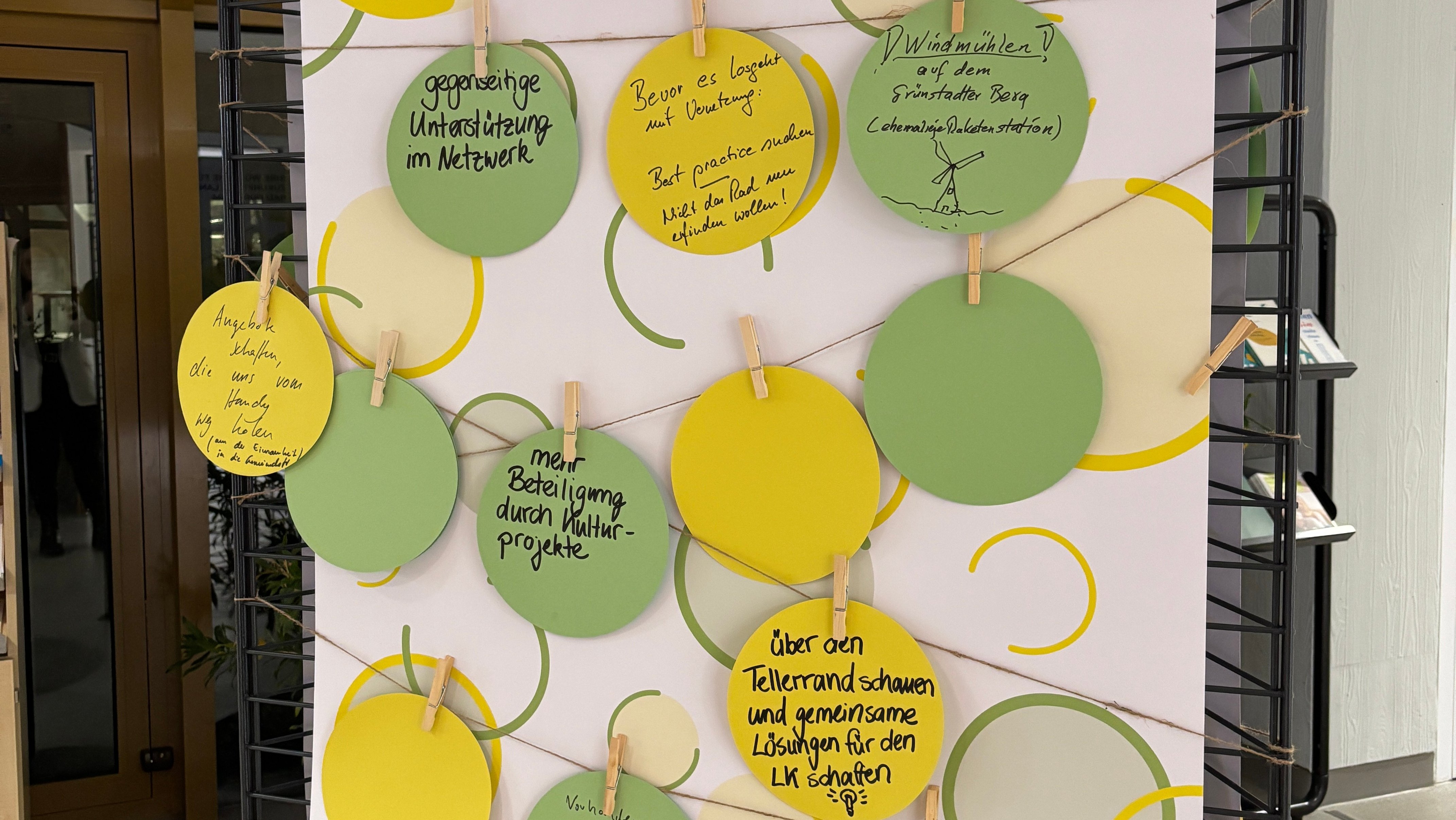 Stellwand mit runden Notizzetteln, auf denen Wünsche für die Zukunft des Landkreises Bad Dürkheim stehen.