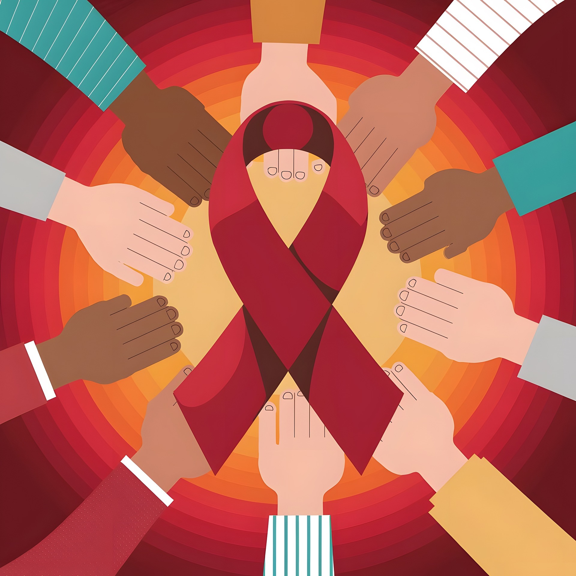 Symbolhafte Darstellung von Händen, die um eine rote Aidsschleife angeordnet sind.