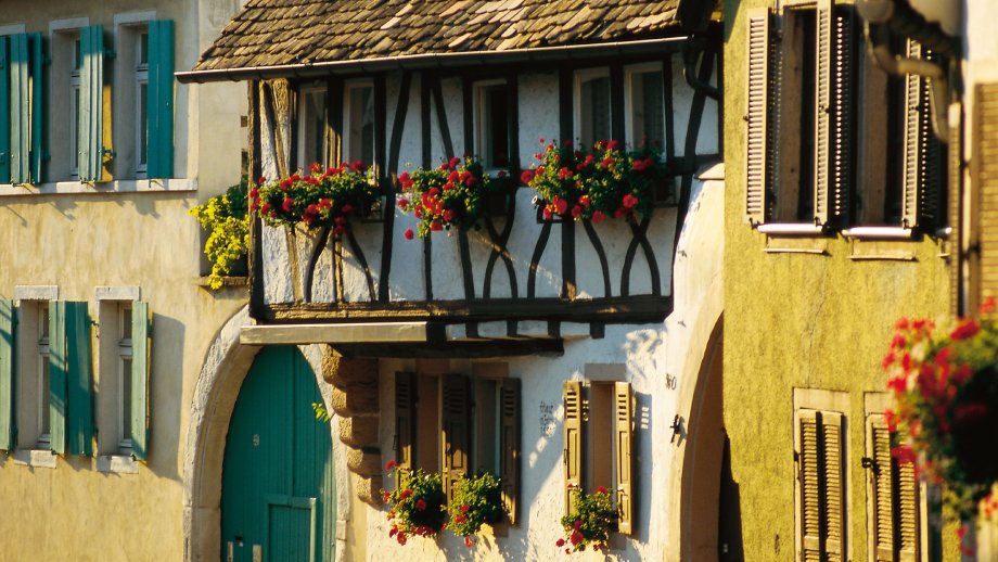 Ein altes Fachwerkhaus mit Blumenkästen und einem grünen Hoftor mit gemauertem Torbogen. 