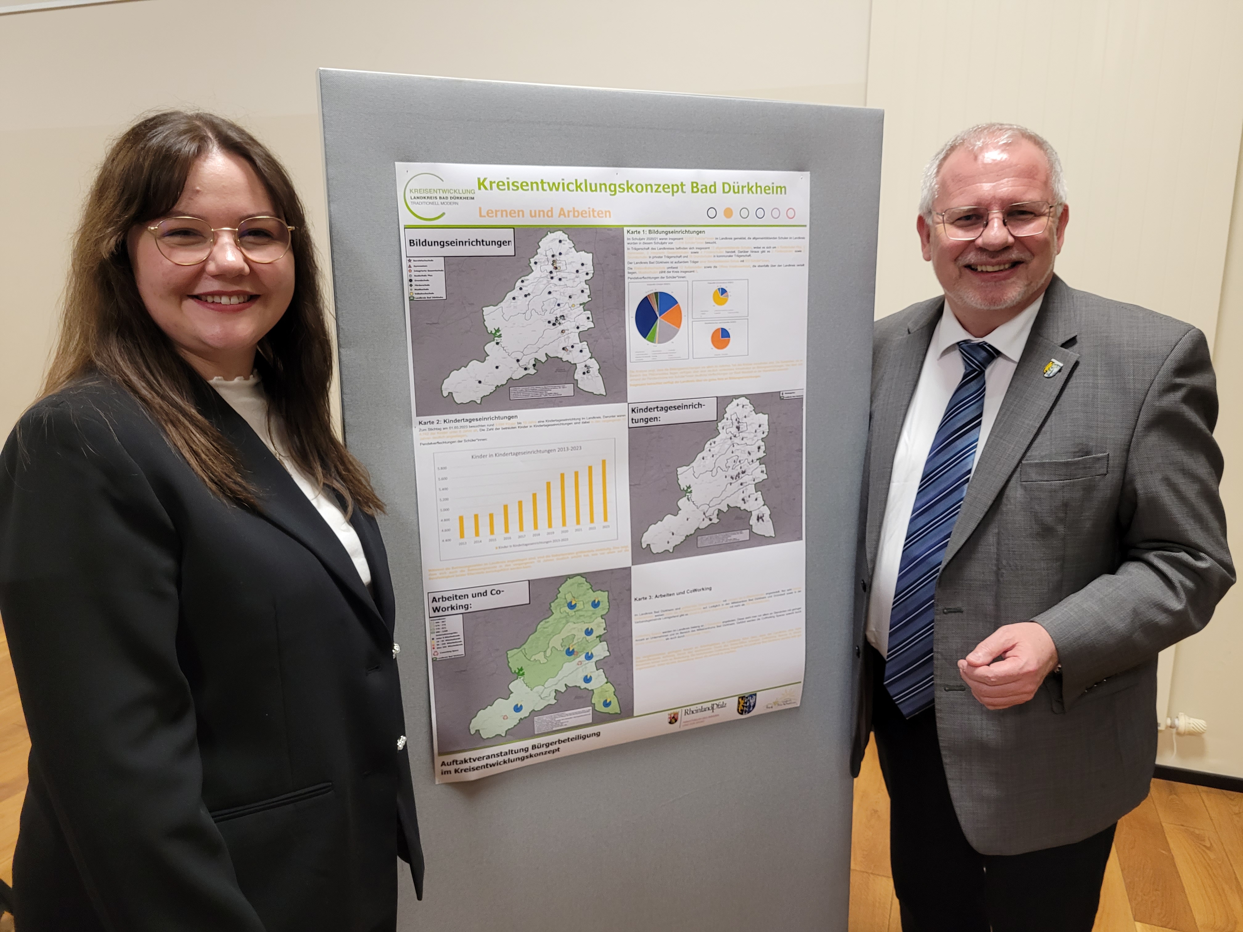 Eine Frau und ein Mann stehen links und recht von einer Ausstellungswand mit einem Plakat.