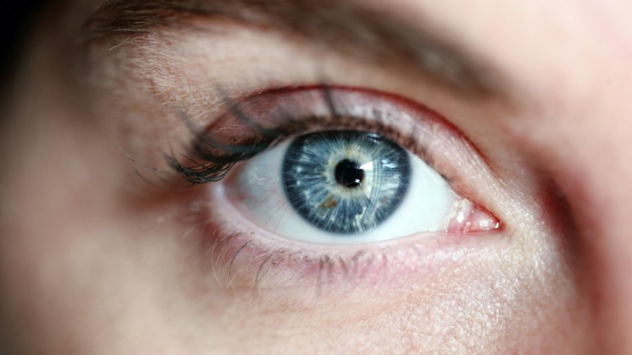 rechtes Auge und Augenbraue eines Menschen in Großaufnahme, das Auge ist blau