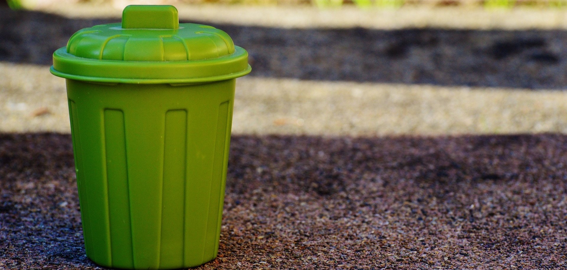 Eine grüne Mülltonne steht auf Asphalt. 