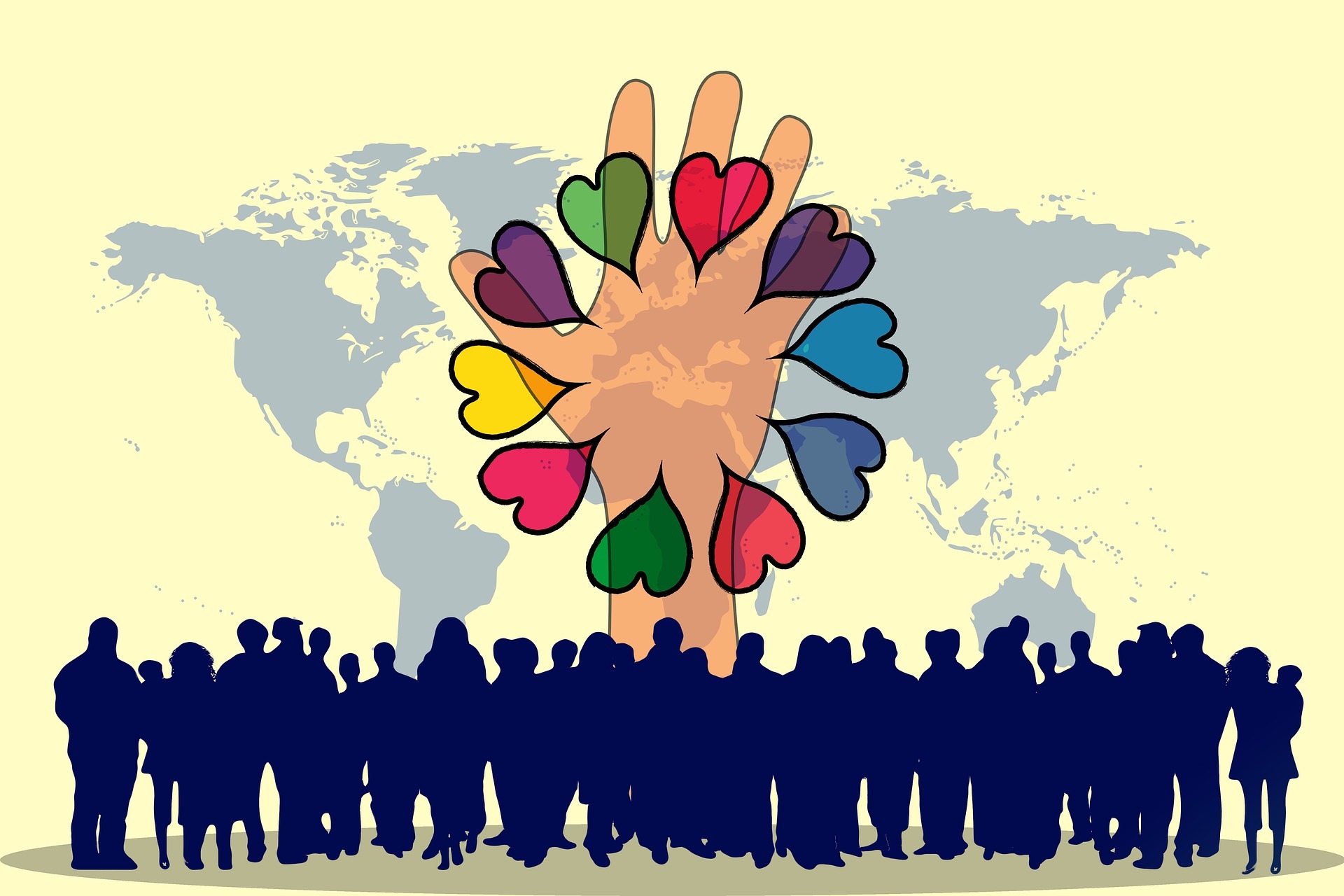 Unten eine Menschenmenge, darüber eine nach oben ausgestreckte Hand mit bunten Herzen. Im Hintergrund eine Weltkarte.