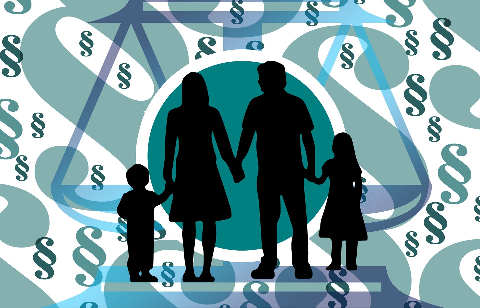 Illustration, Eltern, zwei Kinder im Hintergrund Paragraphen und eine Waage