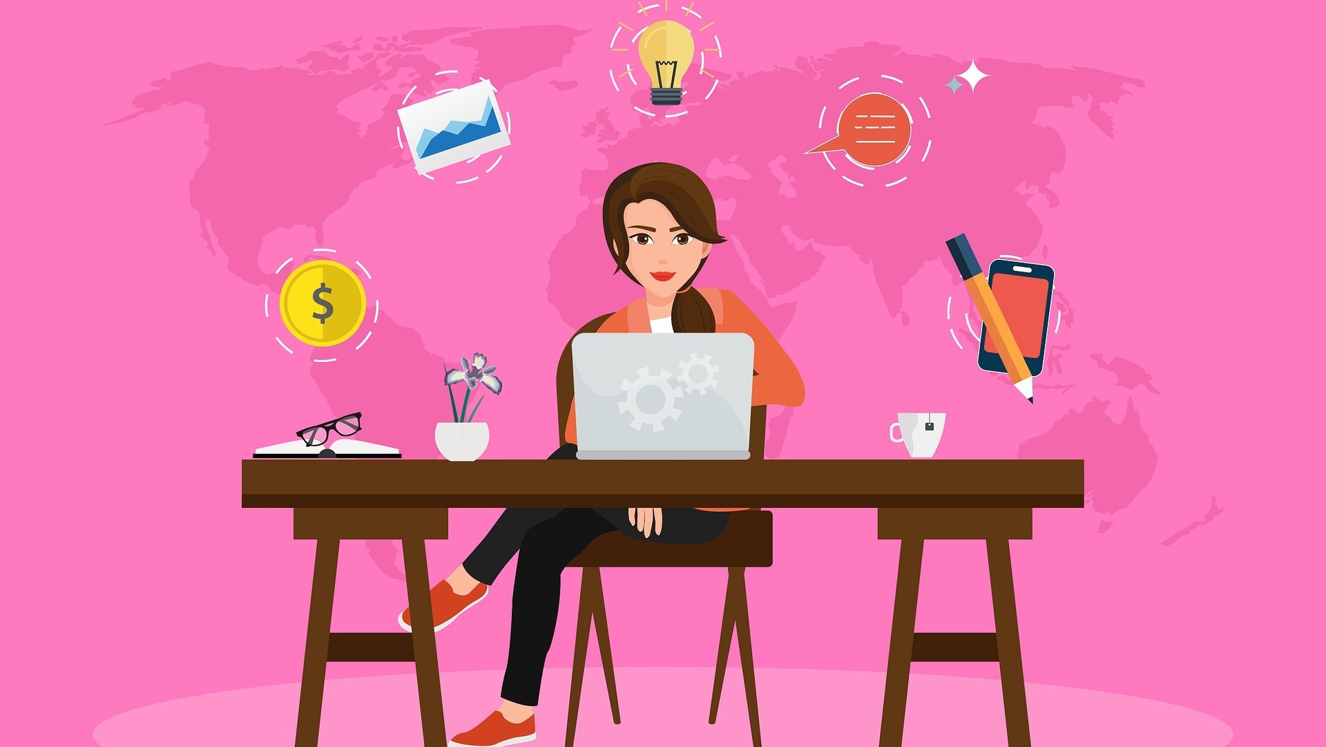 Illustration einer Frau an einem Schreibtisch.
