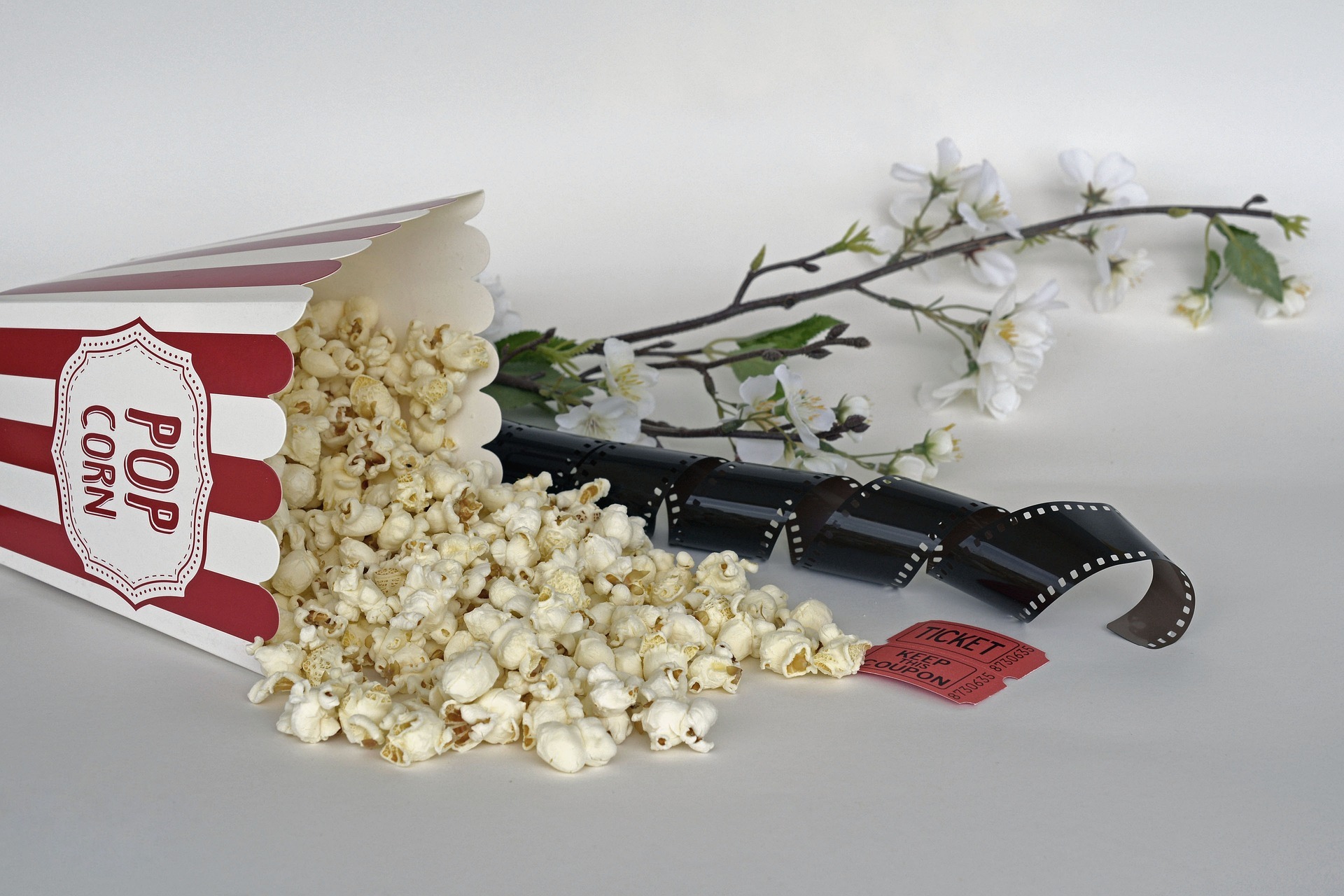 Neben einer umgekippten Popcorn-Tüte liegen ein Zweig mit Frühlingsblumen, ein Filmstreifen und ein Kino-Ticket.