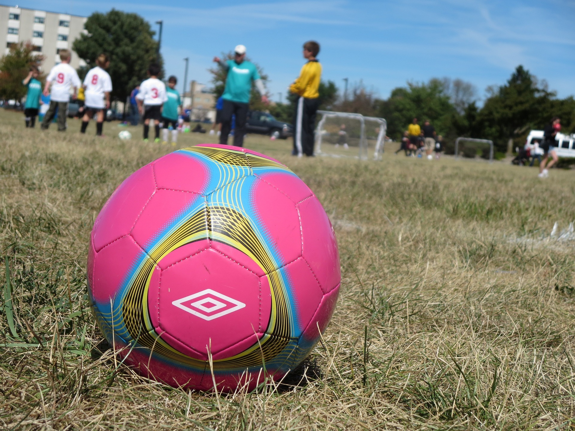 Ein pinkfarbener Fußball liegt auf einem Rasen, im Hintergrund sind Kinder und kleine Tore zu sehen. 