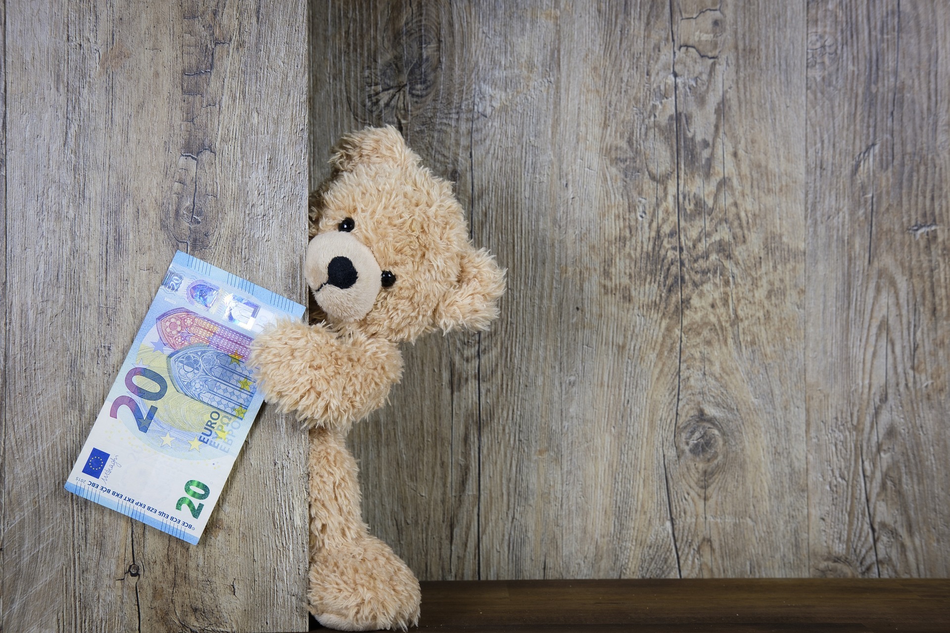 Ein Teddy hält einen 20-Euro-Schein mit einer Pfote vor einer Holzwand fest.