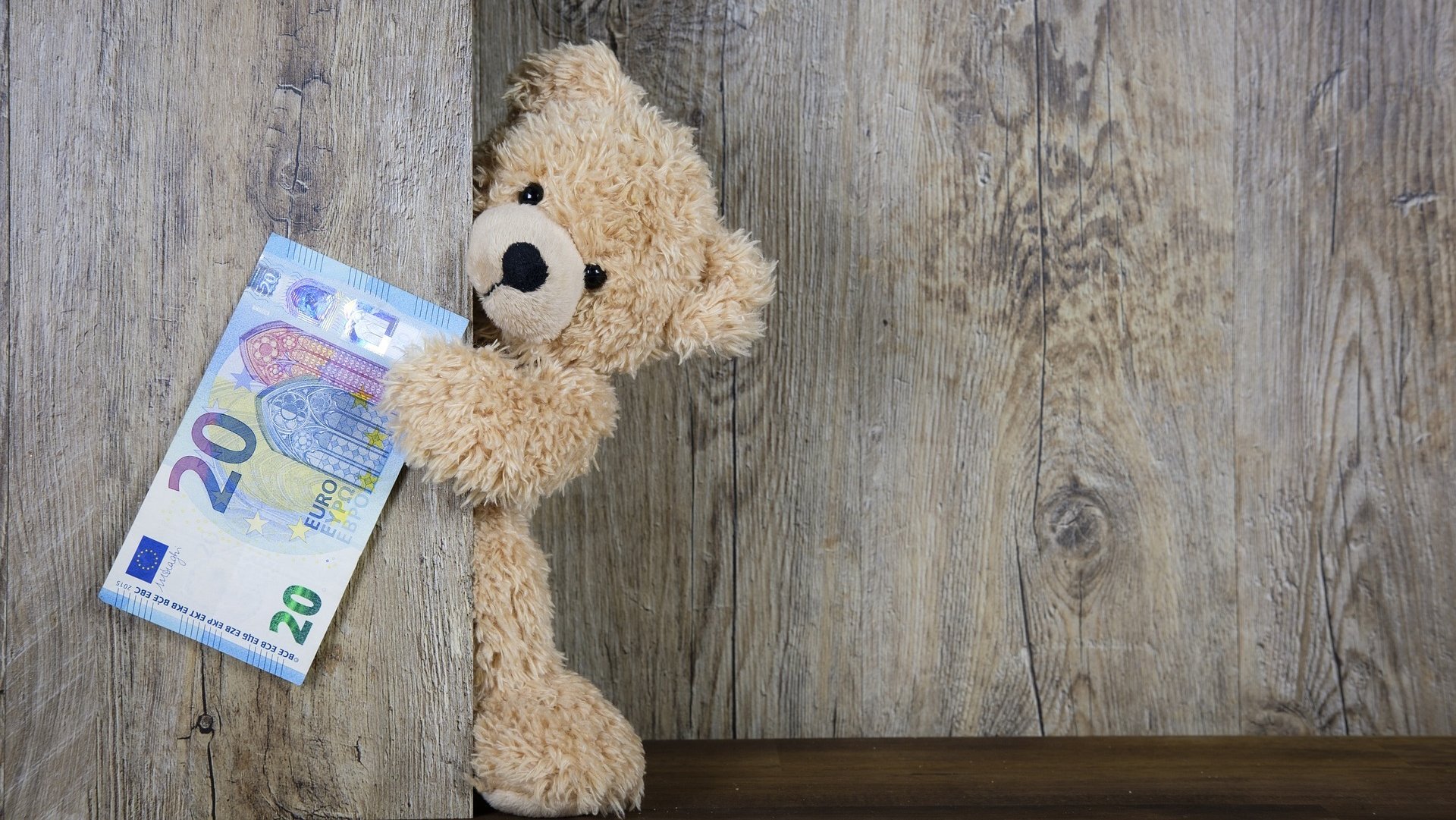 Ein Teddy hält einen 20-Euro-Schein mit einer Pfote vor einer Holzwand fest.