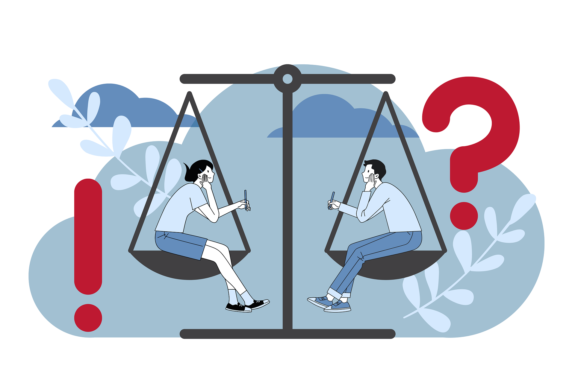 Ein comichafte Darstellung mit einem Mann und einer Frau, die auf den Schalen einer Waage sitzen.