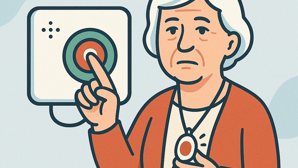 Eine Seniorin hat eine Hand am Hausnotruf, den sie um den Hals hängen hat. Hinter ihr ist ein weiteres Gerät mit Notrufknopf.