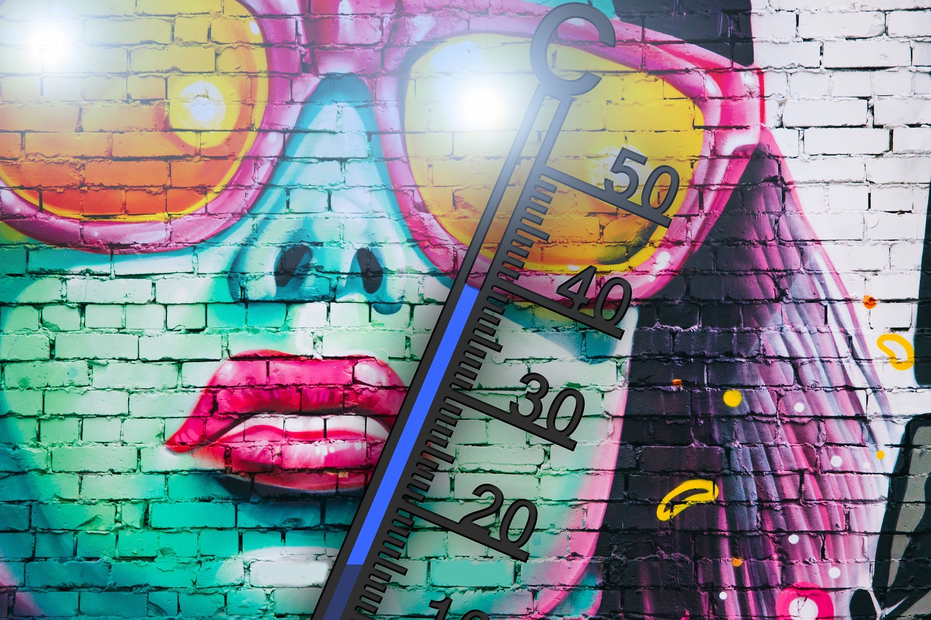 Wandbild mit Frau mit Sonnenbrille, Sonne und Thermometer