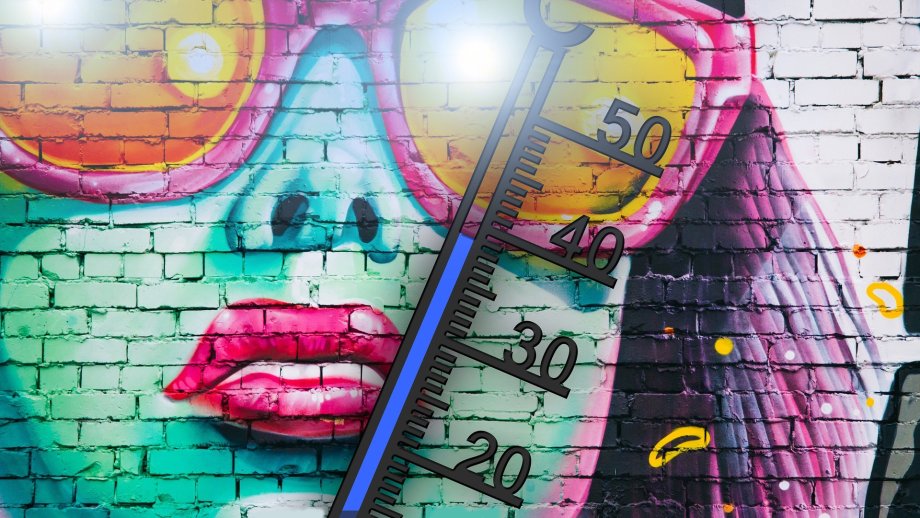 Wandbild mit Frau mit Sonnenbrille, Sonne und Thermometer