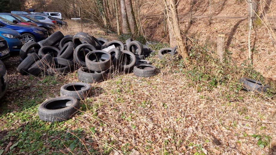 Autoreifen, die im Wald entsorgt wurden. 