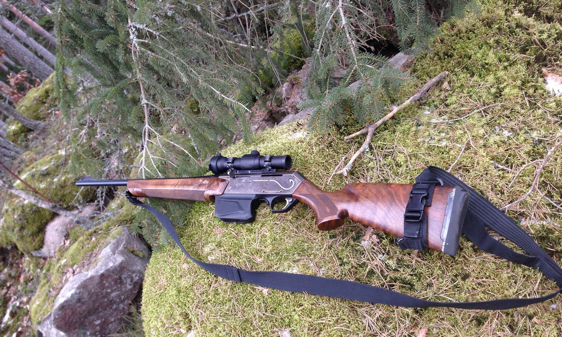 Ein Jagdgewehr liegt auf einem moosigen Fels im Wald.