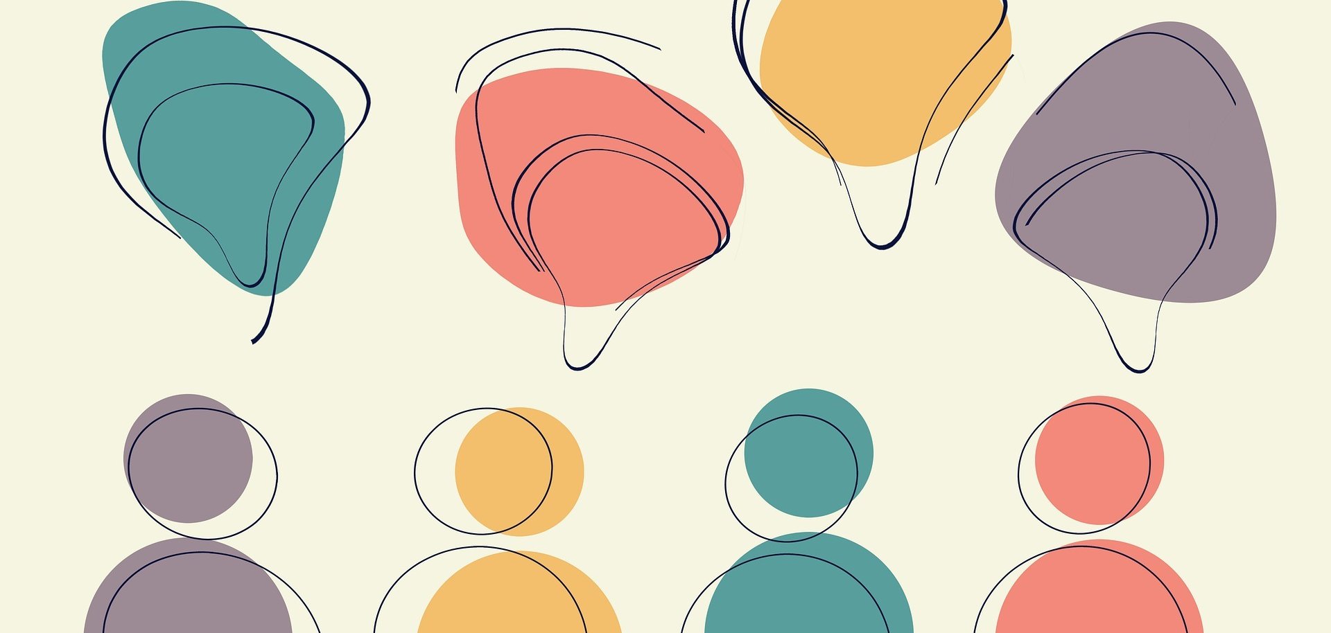 Die angedeutete Skizze von vier Köpfen mit Oberkörper, darüber jeweils eine farbige, ansonsten leere Gedankenwolke.