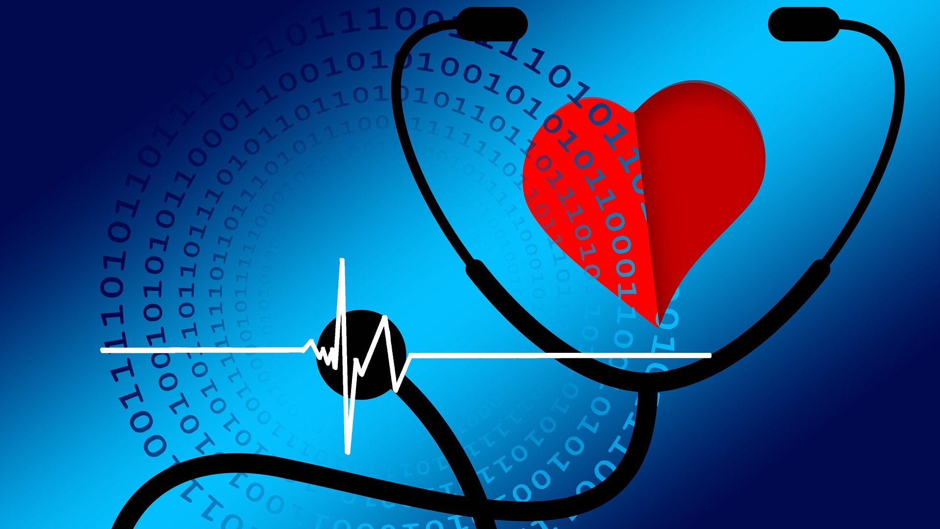 Illustration eines Stethoskops mit einem Herz, dahinter Zahlen und eine Herzschlag-Linie.
