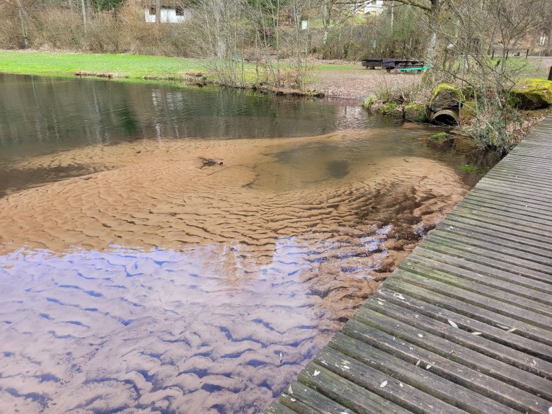 Ein sehr flaches Gewässer. Aus dem Zufluss, einem Rohr, kommt auch viel Sand ins Gewässer.
