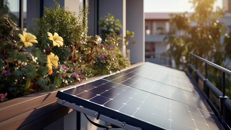 Eine Balkon-Photovoltaik-Anlage, im Hintergrund Blumenkästen mit blühenden Blumen.