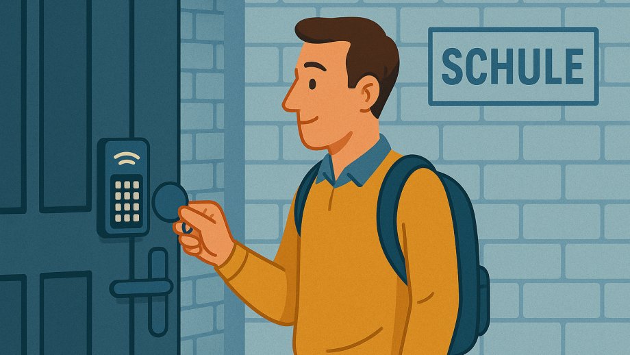 Ein Mann hält einen Chipschlüssel an ein elektronisches Schloss an einer Schule.
