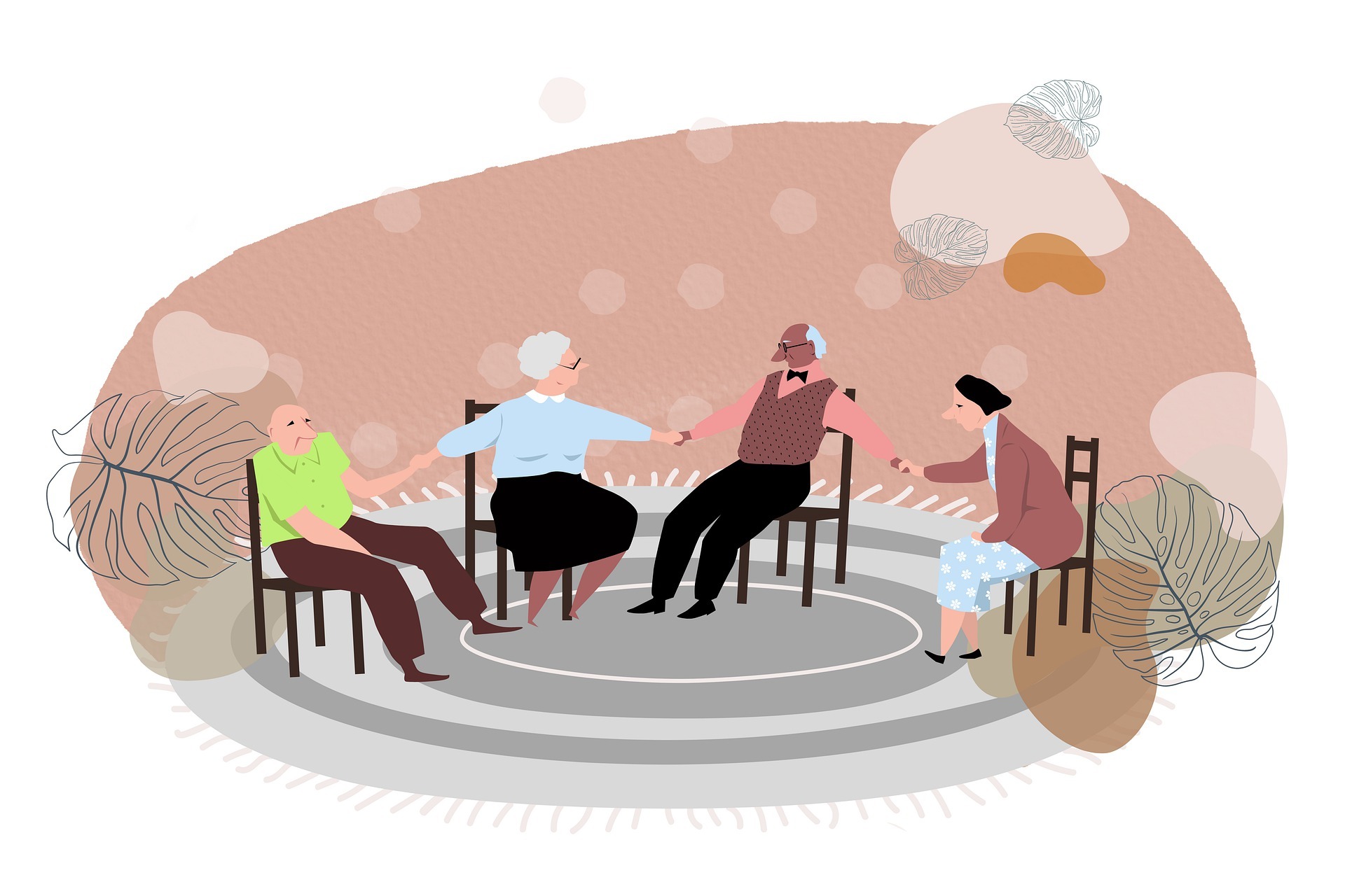 Eine comicartige Zeichnung mit vier Seniorinnen und Senioren