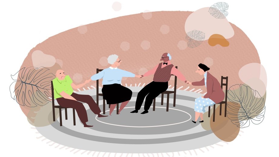 Eine comicartige Zeichnung mit vier Seniorinnen und Senioren