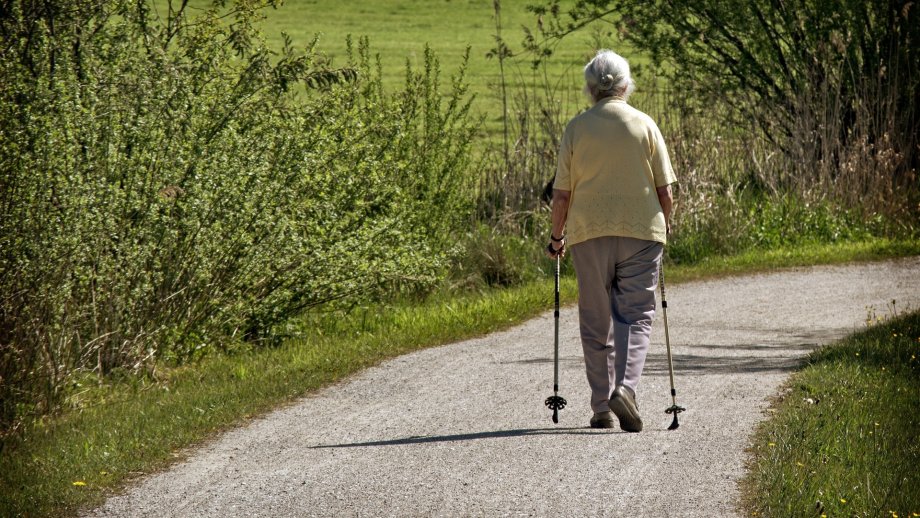 Eine ältere Frau, die von hinten zu sehen ist, läuft mit Walking-Stöcken einen asphaltierten Weg im Grünen entlang. 