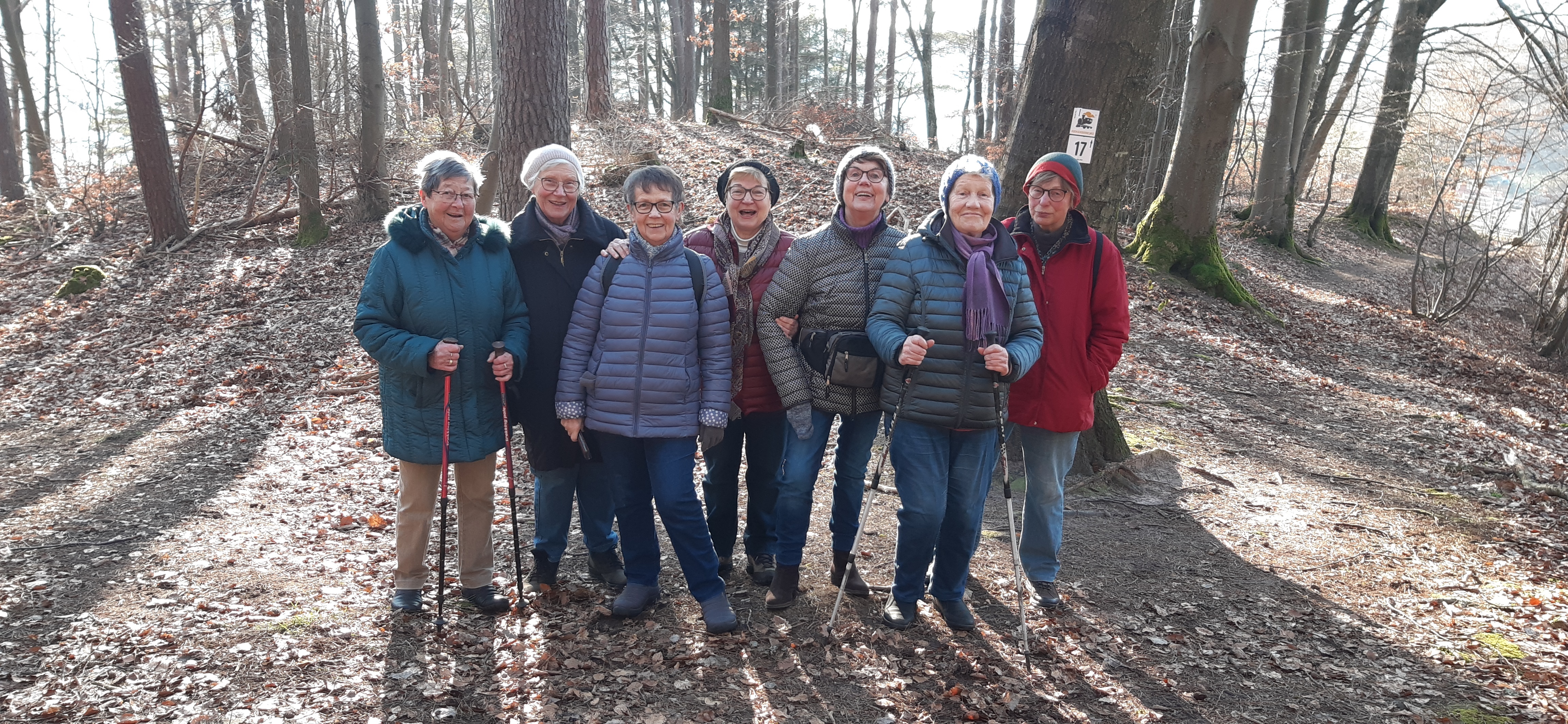 Eine Gruppe Seniorinnen steht in Herbstkleidung im Wald auf laubbedecktem Boden. 