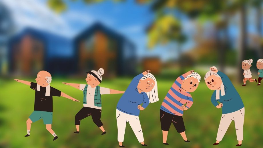 Eine comichafte Darstellung von Seniorinnen und Senioren, die Gymnastik machen.