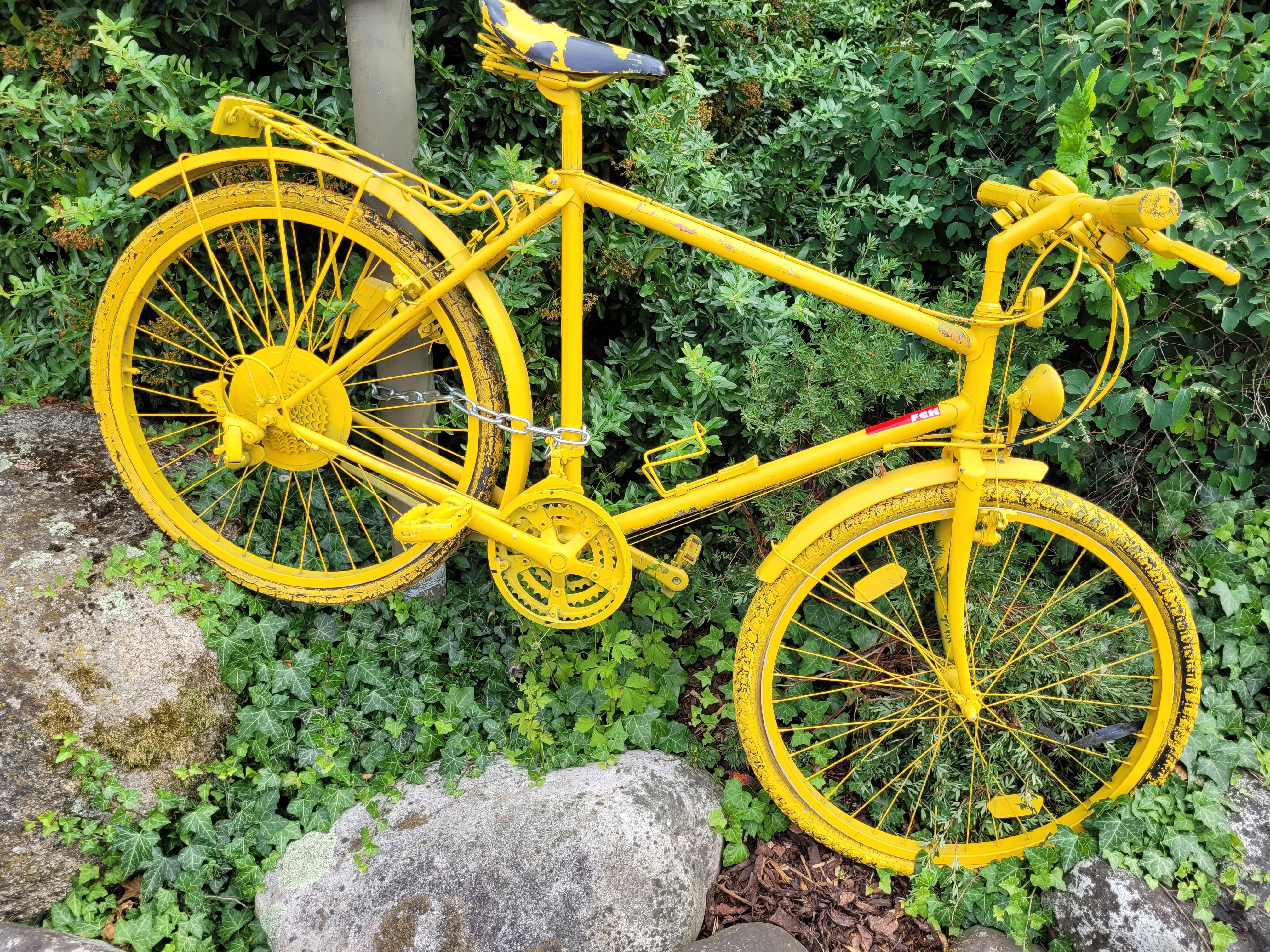 Ein komplett gelb-bemaltes Fahrrad steht schräg an einem Mast vor grünen Büschen. 