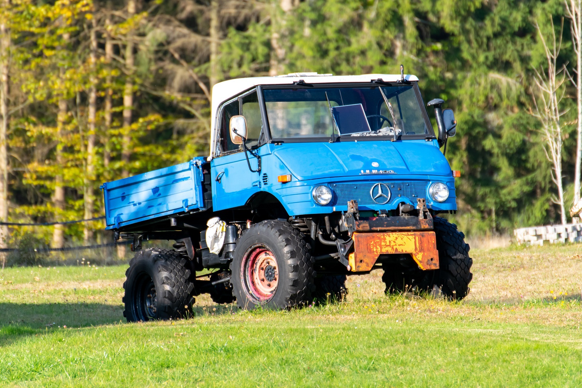 Ein blauer Unimog fährt über eine grüne Wiese, im Hintergrund sind Bäume zu sehen. 