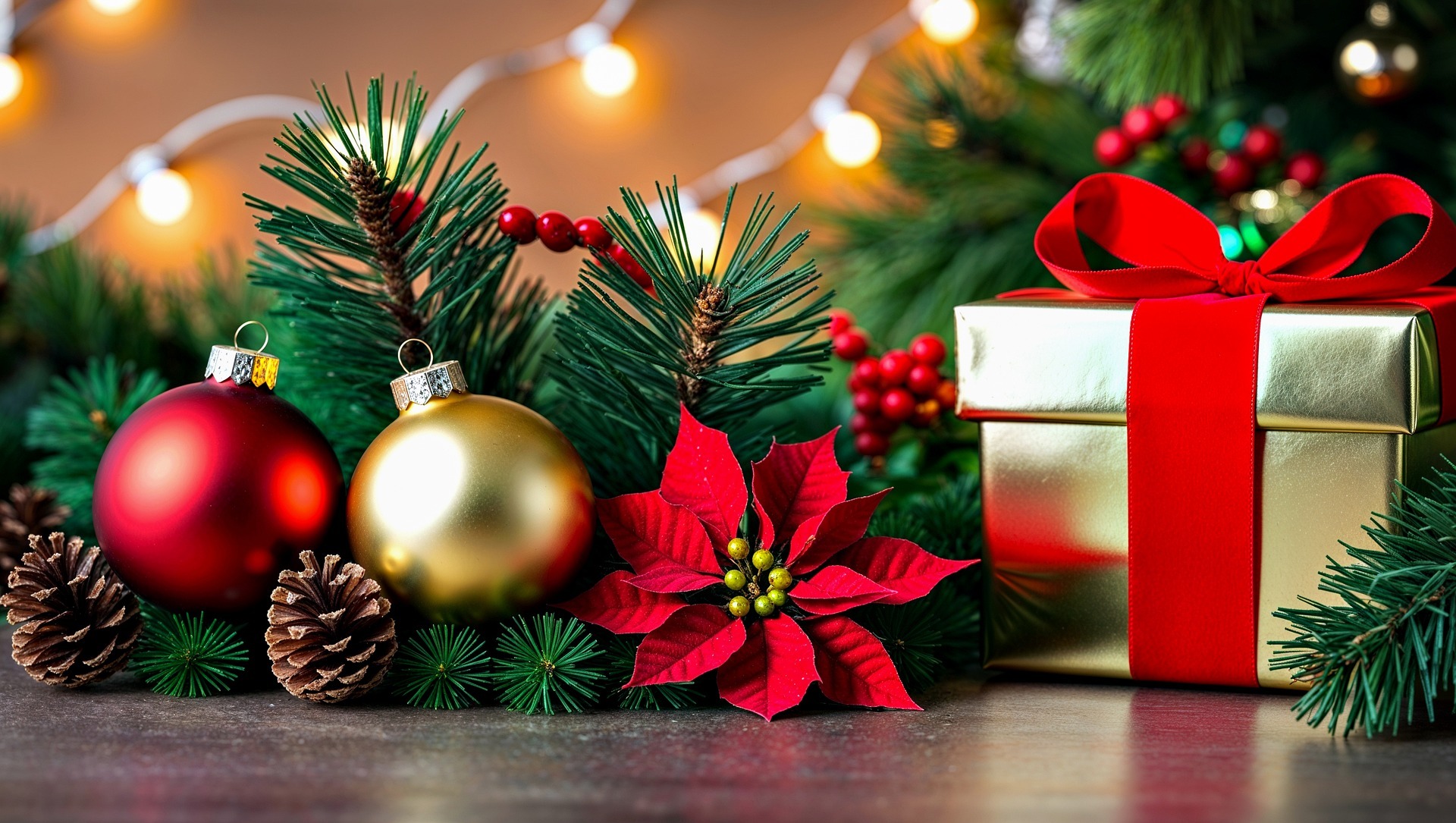 Tannenzweige, Christbaumkugeln, Geschenk, Lichterkette