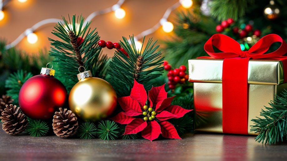 Tannenzweige, Christbaumkugeln, Geschenk, Lichterkette