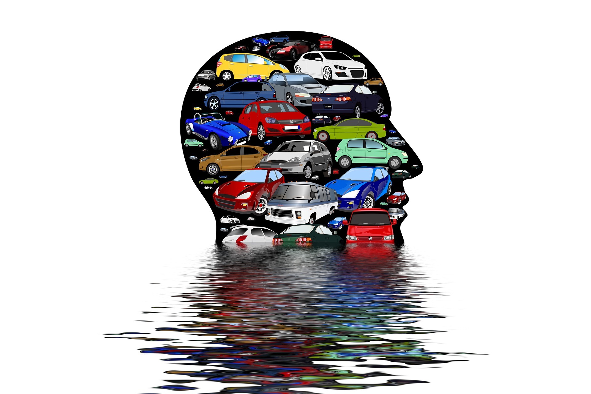 Der Umriss eines Kopfes mit vielen verschiedenen, bunten Autos darin. 