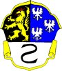Das Wappen der Gemeinde Haßloch.In der unteren Hälfte eine schwarze, S-förmige Schlange auf weißem Grund. Oben links ein gelber Löwe auf schwarzem Grund. Oben rechts drei weiße Adler auf blauem Grund. 