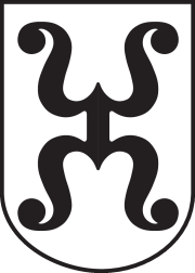 Das Wappen der Stadt Bad Dürkheim. Ein nach oben und ein nach unten offener Maueranker in Schwarz auf weißem Grund. 