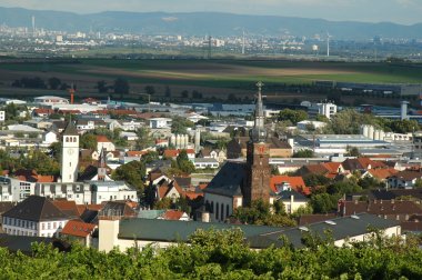 Panoramablick über Grünstadt in die Rheinebene mit vielen Dächern und Windrädern im Hintergrund. 