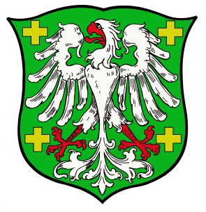 Das Wappen der Stadt Grünstadt. Ein weißer Adler mit rotem Schnabel und roten Klauen auf grünem Grund, umrahmt von vier gelben Kreuzen. 