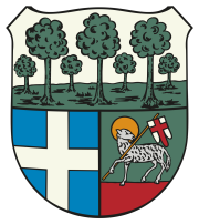 Wappen der Gemeinde Forst: In der oberen Hälfte drei große und vier kleine grüne Bäume auf weißem Grund. Unten links ein weißes Kreuz auf blauem Grund. Unten rechts ein weißes Lamm vor grün-rotem Hintergrund, das eine Stange mit einer weißen Fahne mit rotem Kreuz hält. 