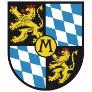 Wappen von Meckenheim. Oben links und unten rechts ein gelber Löwe auf schwarzem Grund, Oben rechts und unten links blau-weiße Rauten, in der Mitte ein schwarzes M in einem gelben Kreis. 