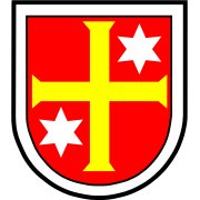 Das Wappen von Niederkirchen. Ein gelbes Kreuz auf rotem Grund, oben links und unten rechts ein weißer Stern. 