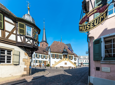 Das historische Rathaus in Deidesheim. Ein Gebäude mit verwinkeltem Dach, Fensterläden, Blumenkästen und einer großen zweiseitigen Treppe vor dem Eingang. 