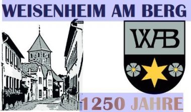 Logo zum 1250. Jubiläum von Weisenheim am Berg mit Wappen und Skizze von Gebäuden. 