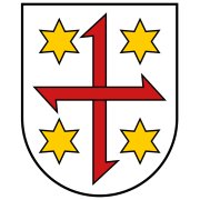 Wappen von Elmstein. Weiß, darauf zwei gekreuzte Doppelhaken, in den Winkeln je ein gelber Stern. 