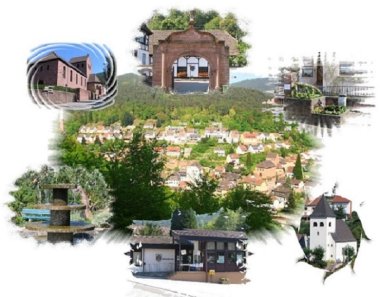 Um ein Foto vom Ort Neidenfels sind Bilder von sechs prägnanten Gebäuden des Ortes angeordnet. 