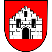 Das Wappen von Neidenfels. Auf Rot ein weißes, gemauertes Haus mit drei Fenstern und einer Tür in Schwarz. 