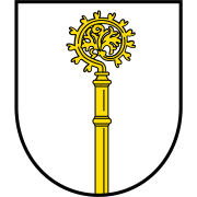 Wappen von Weidenthal. Ein gelber Stab mit nach rechts gewendeter Krümmung auf weiß. 