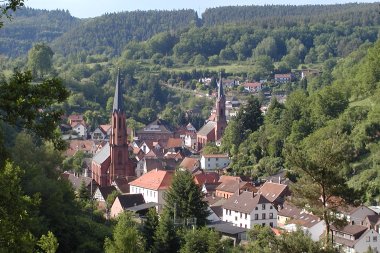 Der Ort mit seinen beiden Kirchen, eingebettet in hügeligen Wald. 