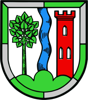 Wappen der Verbandsgemeinde Lambrecht. Weiß-grüne Umrahmung. Auf grünem Boden: Links ein grüner Baum, rechts ein roter Turm mit weißen Fenstern, dazwischen eine flussähnlich geschwungene blaue Linie. 