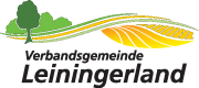 Logo der Verbandsgemeinde Leiningerland mit Landschaft mit Bäum und Büschen und Acker im Hintergrund. 
